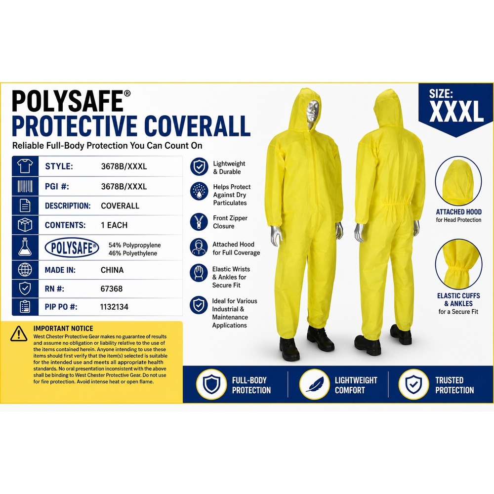 Polysafe Protective Coverall Yellow XXXL Hooded Disposable Suit 3678B/XXXL PPE